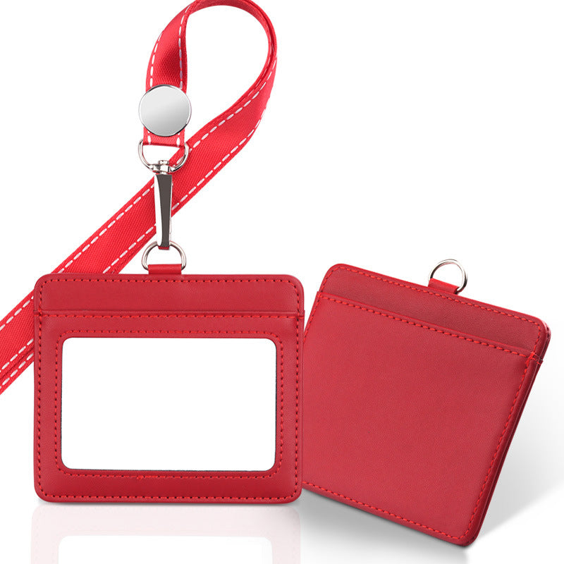 Horizontal Leather Employee's ID Badge Holder Card Holder With Lanyard