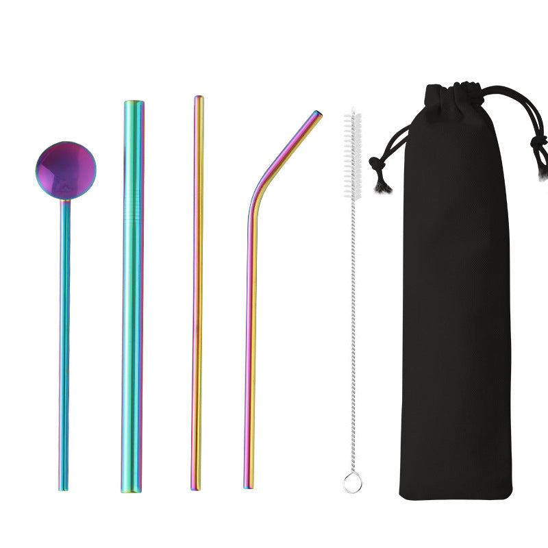 4-Piece 304 Stainless Steel Drinking Spoon Straw Set W/Drawstring Bag(Gold & Rose Gold & Rainbow)