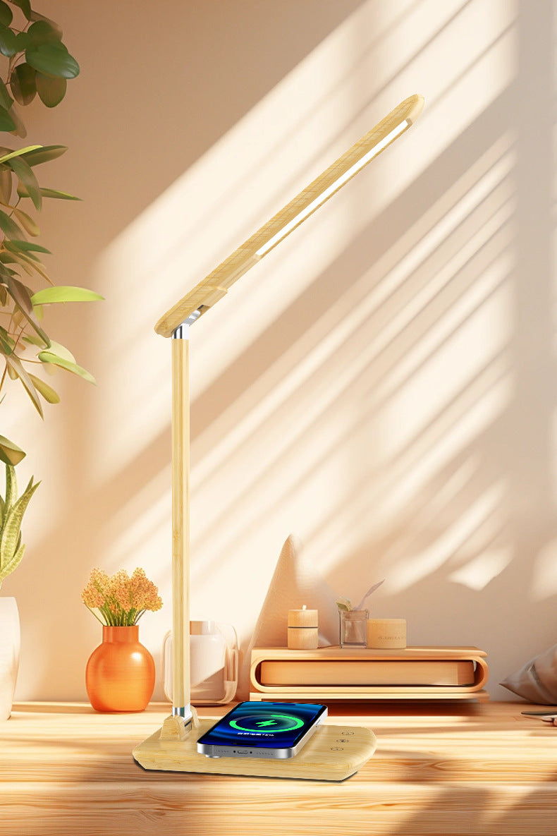 Imitation Bamboo Dimmable Desk Lamp Wireless Charger Foldable Night Light For Home Office