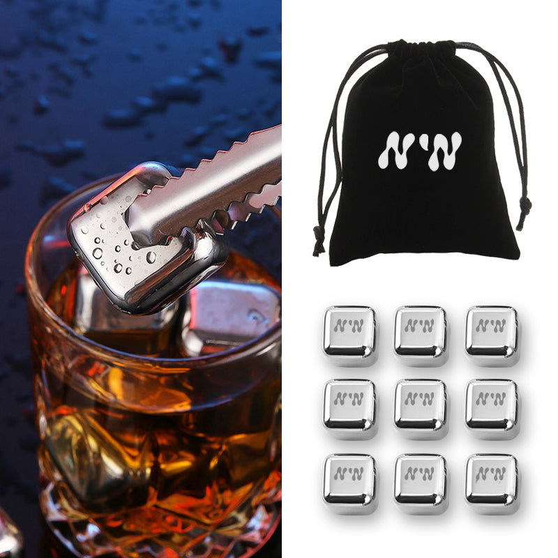 9 pcs Stainless Steel Wine Ice Cube W/ Velvet String Bag