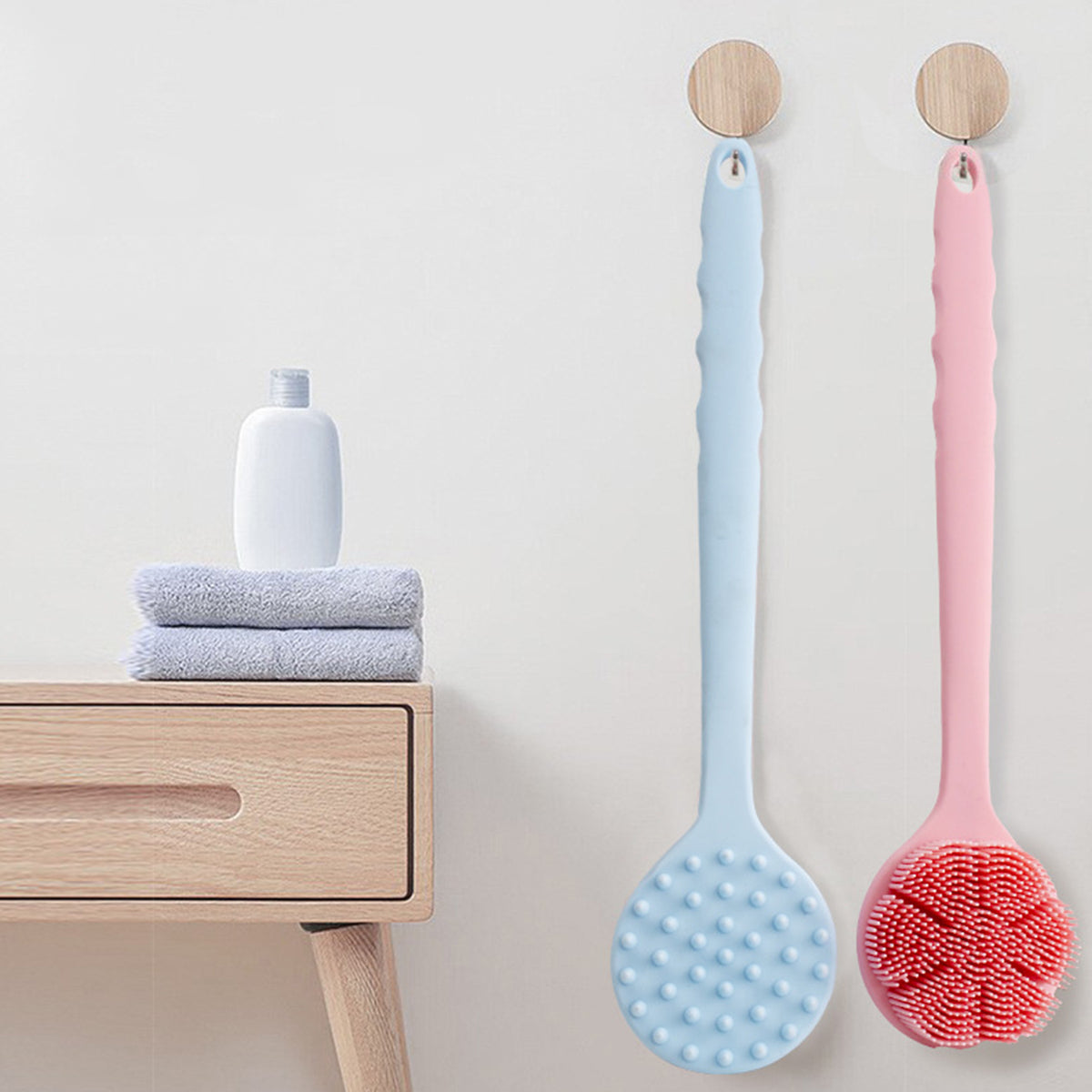 Silicone Circular Back Scrubber for Shower Dual Sides Body Scrubber Exfoliator with Long Handle