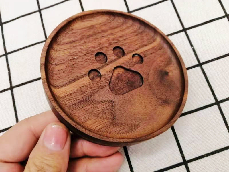 Round Black Walnut Wooden Cup Coaster With Paw