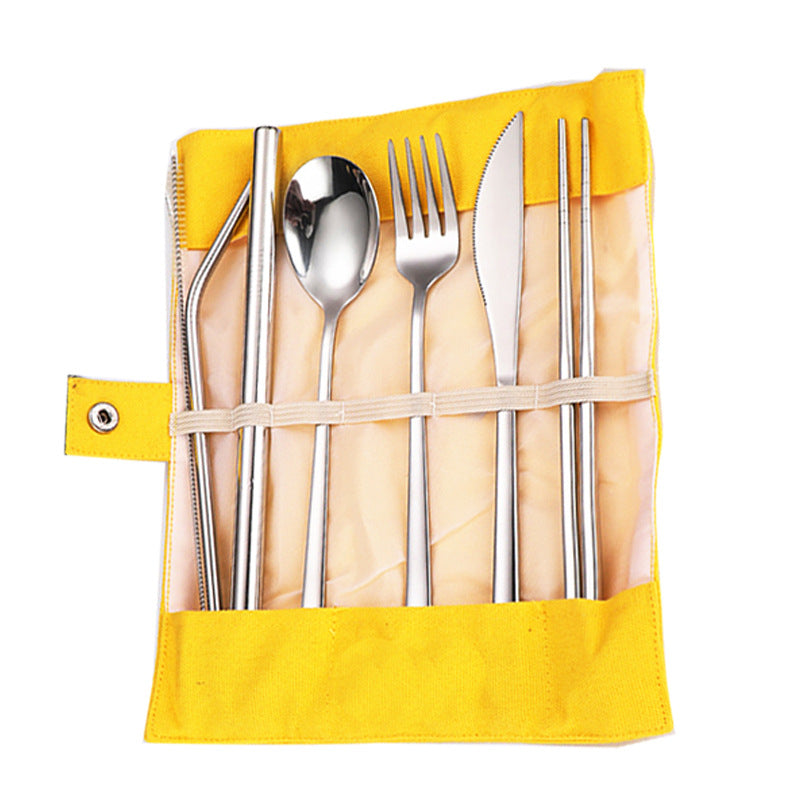 7-Piece 304 Stainless Steel Flatware Chopstick Spoon Straw Fork Knife Tableware Set W/Bag(Model B)
