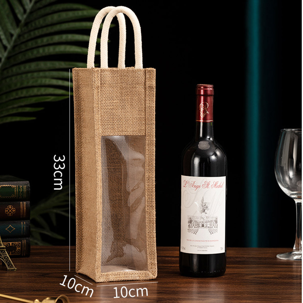 Reusable Jute Burlap Single Bottle Wine Gift Tote Bags w/ Window