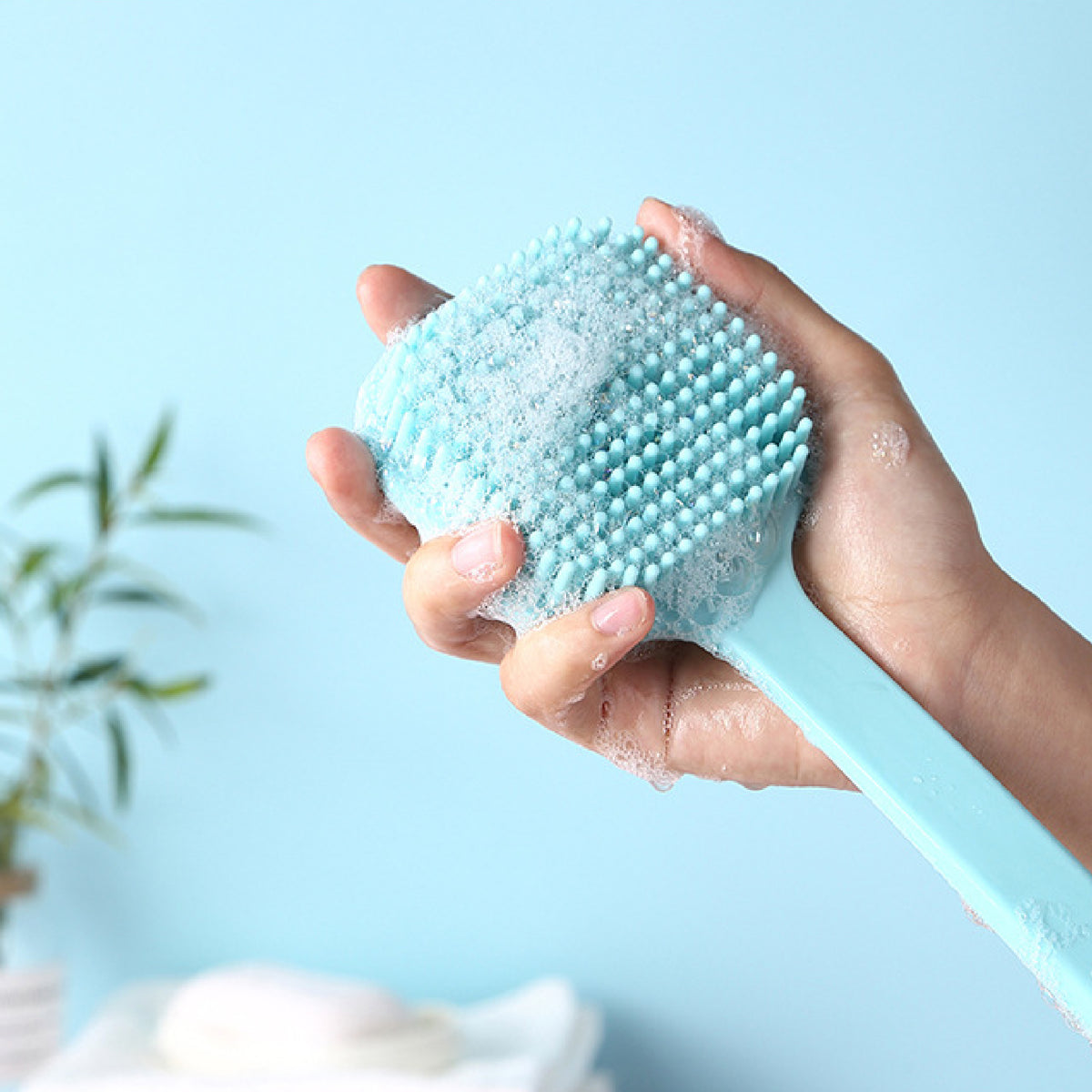 Silicone Square Scrubber for Shower Dual Sides Body Scrubber Exfoliator with Long Handle