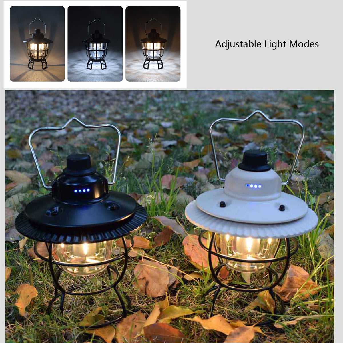 Vintage LED Light Camping Lantern Adjustable Brightness & Hanger Waterproof Recharge LED