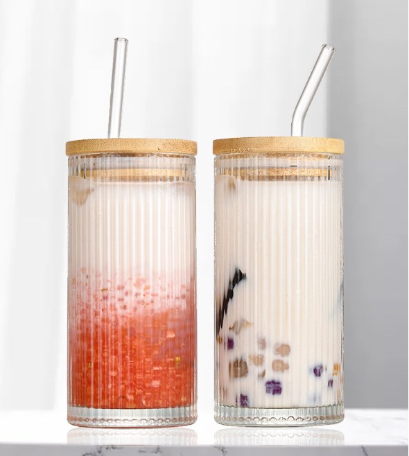 13oz Drinking Glass Cup with Bamboo Lid and Glass Straw