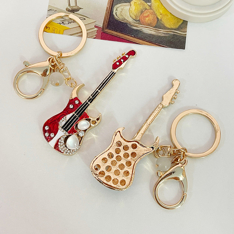 Diamond Studded Electric Guitar Keychain W/Oval Metal Tag