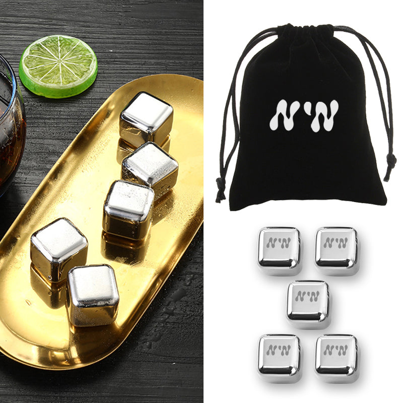 5 pcs Stainless Steel Wine Ice Cube W/ Velvet String Bag