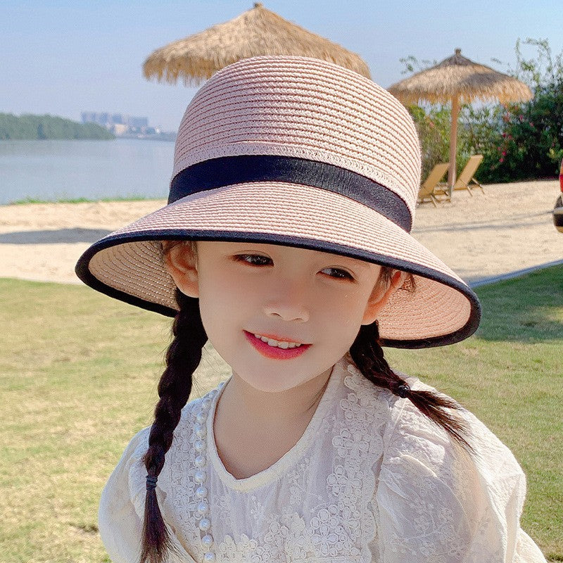 Girls Straw Sun Hat, Sun Protection Wide Brim Sun Hats Adjustable Topless Beach Hat For Kids