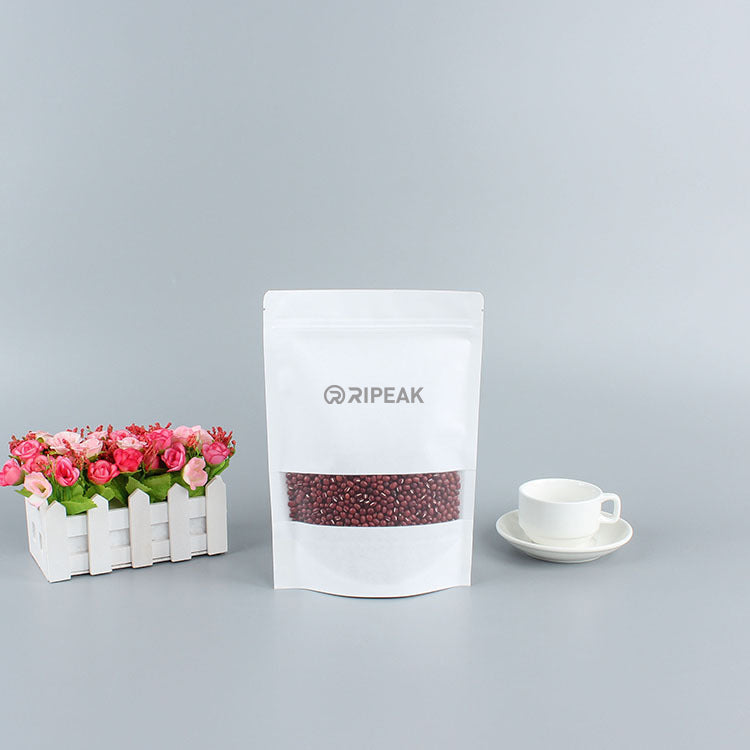 6.3 x 10.3" White Kraft Paper Bags W/Window Stand Up Ziplock Resealable Pouch Coffee Bag