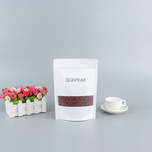 6.3 x 10.3" White Kraft Paper Bags W/Window Stand Up Ziplock Resealable Pouch Coffee Bag