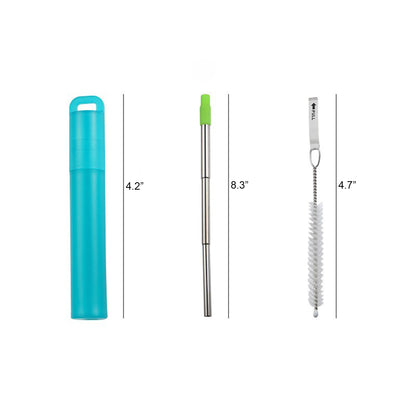 Reusable 304 Stainless Steel Collapsible Drinking Straw Cleaning Brushes Set W/ Case