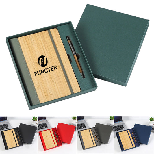 A5 Bamboo PU Leather Hardcover Bound Business Notebook Writing Journal Executive Notebook Gift Set
