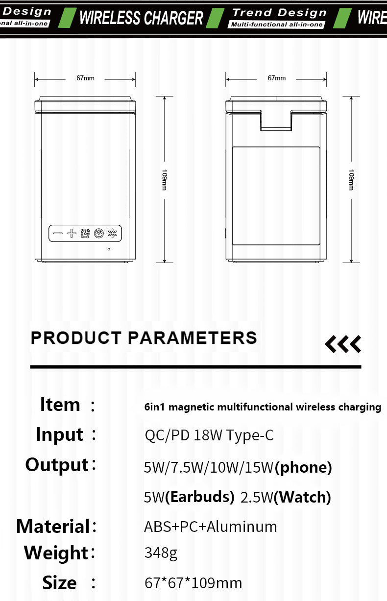 Magnetic 3" 1 Wireless Charging Station For Multiple Devices, Wireless Speaker, Clock Alarm