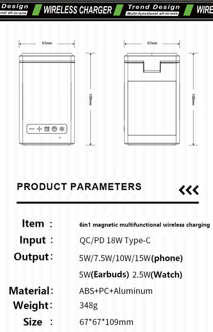 Magnetic 3" 1 Wireless Charging Station For Multiple Devices, Wireless Speaker, Clock Alarm