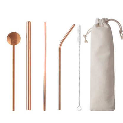 4-Piece 304 Stainless Steel Drinking Spoon Straw Set W/Drawstring Bag(Gold & Rose Gold & Rainbow)