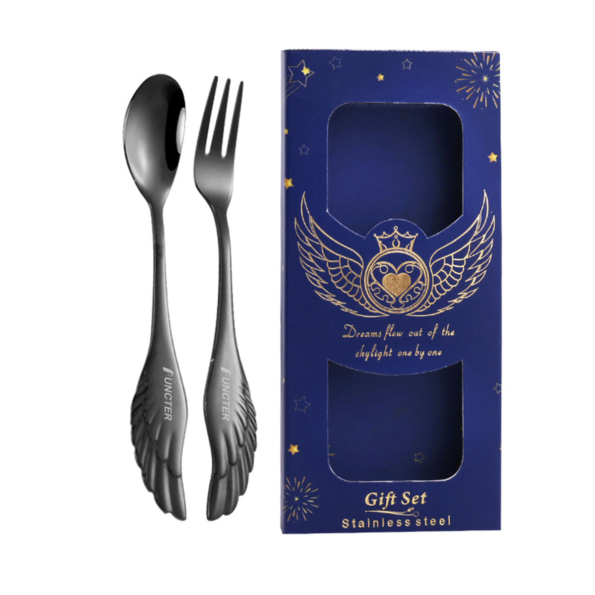2 PCS Charcoal Black Angel Wings Spoon Fork Flatware Set Tableware Blue Gift Box
