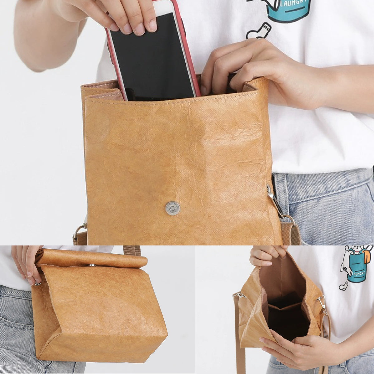 Tear Resistant Paper Bag Reusable Durable Kraft Paper Sling Bag with Detachable Strap