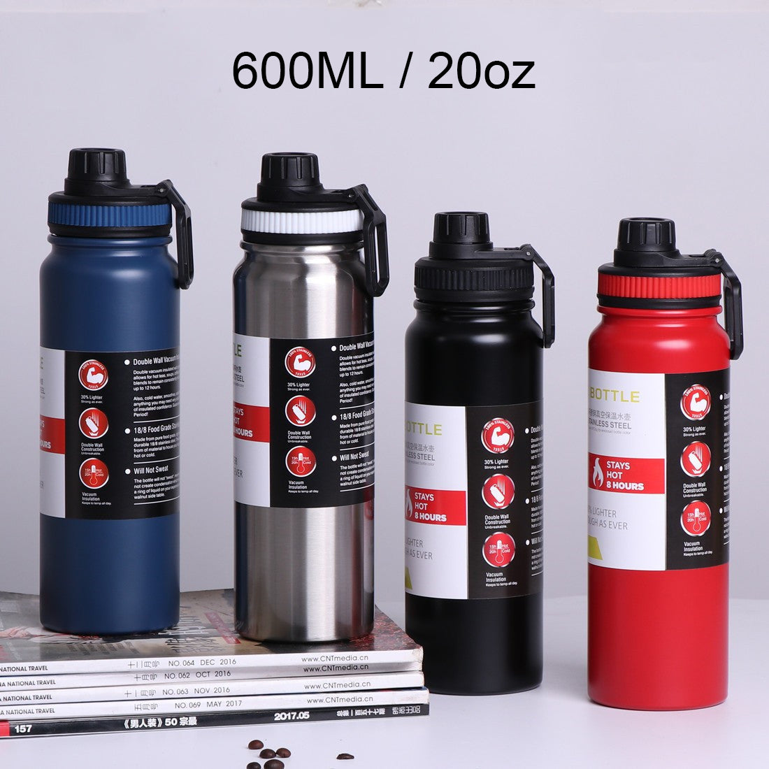600ML/20oz 304 Stainless Steel Tumbler Vaccum Insulated Water Bottle For Outdoor Home Office Or Car
