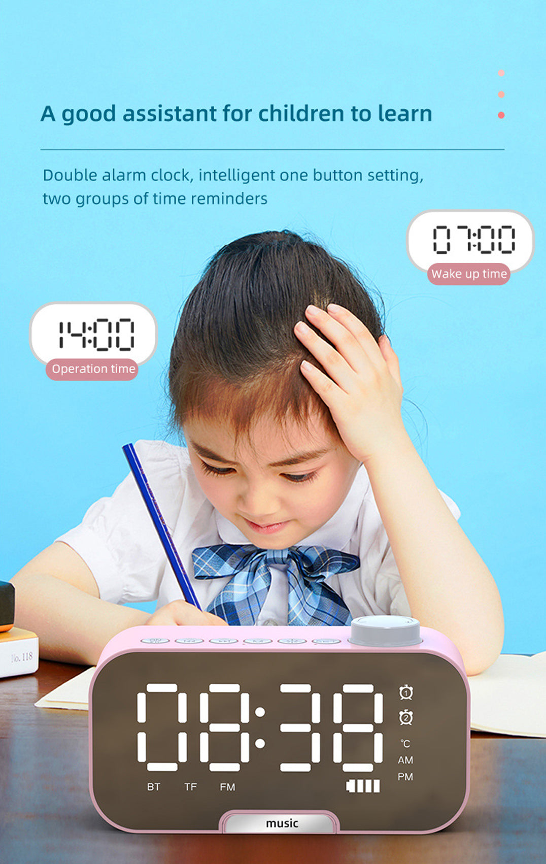 2000 mAh Digital LED Mirror Radio Alarm Clock Wireless Speaker W/Knob And Phone Bracket