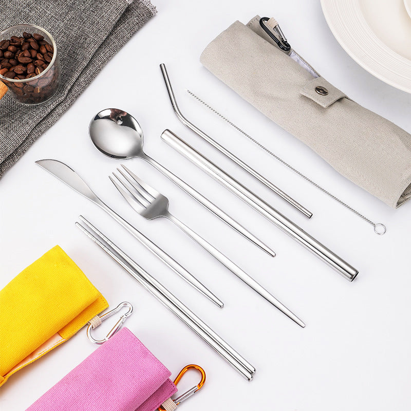 7-Piece 304 Stainless Steel Flatware Chopstick Spoon Straw Fork Knife Tableware Set W/Bag(Model C)