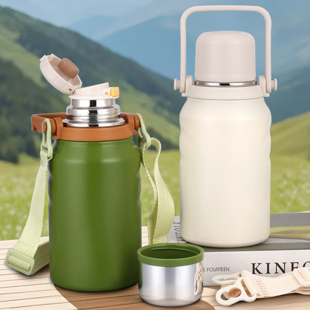 40.5oz Portable Double Wall Vacuum Stainless Steel Water Bottle w/ Handle & Strap