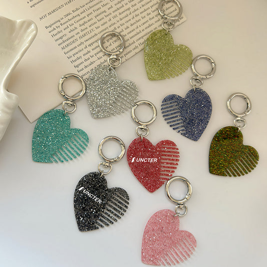 Glitter Heart Hair Comb Keychain Acetate Pocket Comb