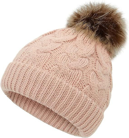 Children Cable Knit Beanie W/ Pom-pom
