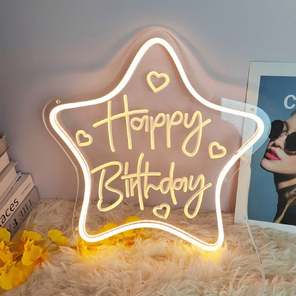 16" Birthday Party Neon Sign Custom Text Shining Star LED Light Happy Birthday Sign LED Glow Sign