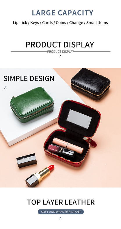 Full-grain Genuine Leather Zipper Makeup Bag Handle Bag Lipstick Storage Pouch W/Makeup Mirror