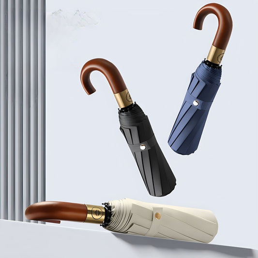 3 Folding Automatic Sunscreen Umbrella W/ Wooden Curved Handle