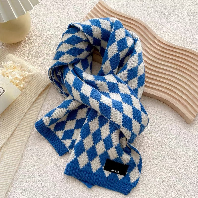 63" Polyester Checkerboard Plaid Scarf Cable Knitted Scarf Wrap Chunky Long Warm Scarf-Embroidery