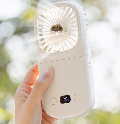 Foldable Mini Handheld Fan Digital Display Rechargeable Fan With Hanging Lanyard