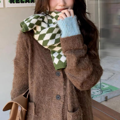 63" Polyester Checkerboard Plaid Scarf Cable Knitted Scarf Wrap Chunky Long Warm Scarf-Embroidery