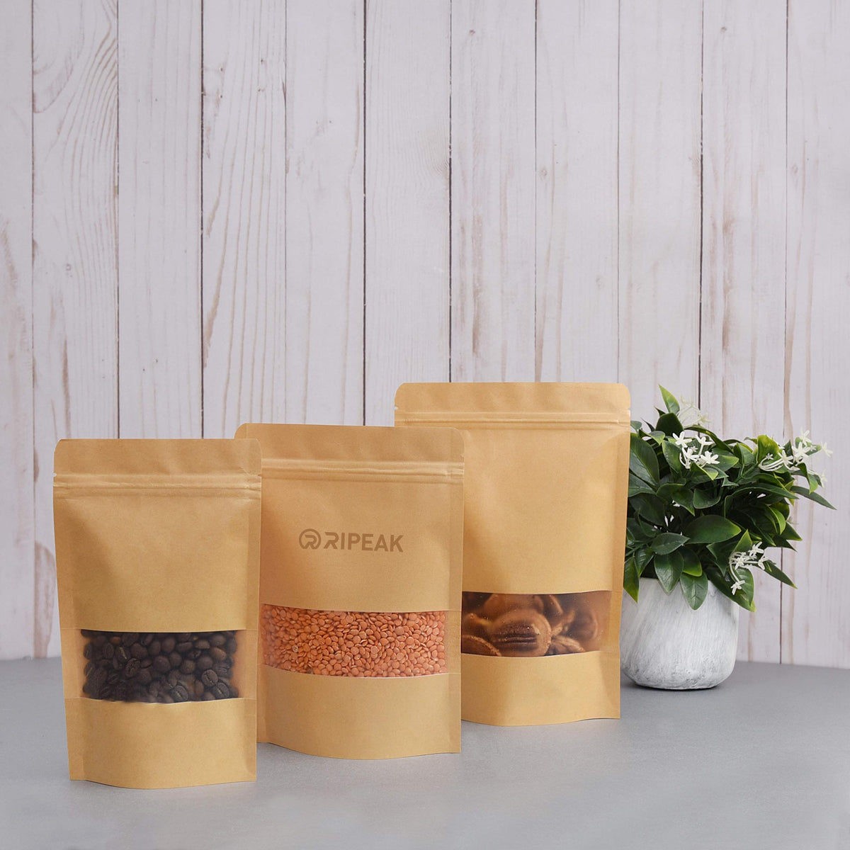 6.3 x 8.7" Kraft Bags with Window Stand Up Ziplock Seal Paper Bag Resealable Food Storage Pouch