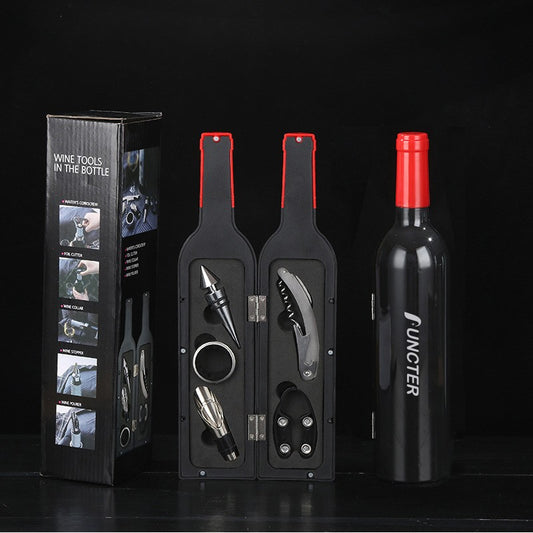 Glossy Wine Bottle Shaped Red Neck Corkscrew Set (Colorful Box) -5 Piece