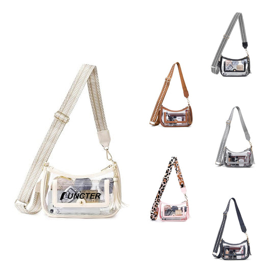 Transparent PVC Crossbody Bag - Stylish Clear Shoulder Purse with Patterned Adjustable Strap
