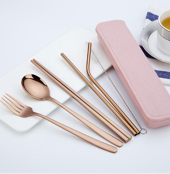 304 Stainless Steel Spoon Chopsticks Straw Tableware Set