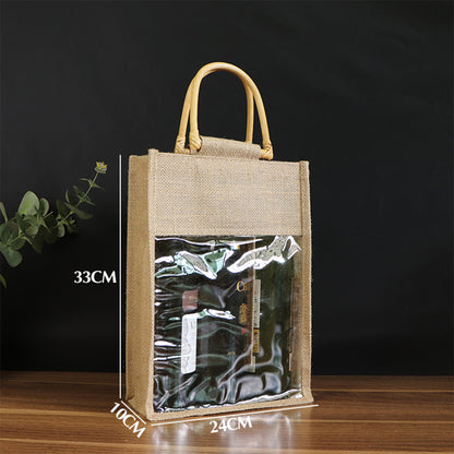 3 Bottles Wine Bag Cane Handles Jute Wine Tote w/ Window