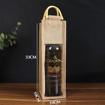 Reusable Cane Handle Single Bottle Jute Wine Tote Bags w/ Window