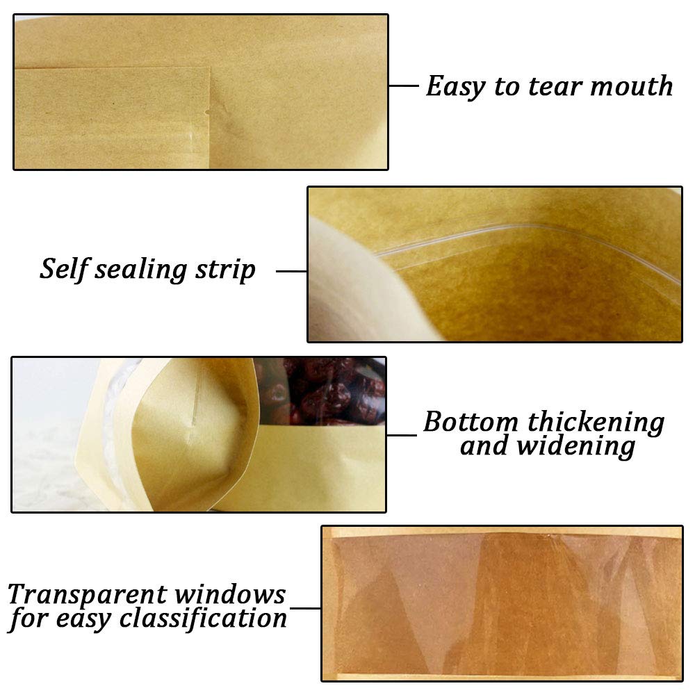 10.2 x 13.8" Kraft Bag with Window Stand Up Ziplock Seal Paper Bag Resealable Food Storage Pouch