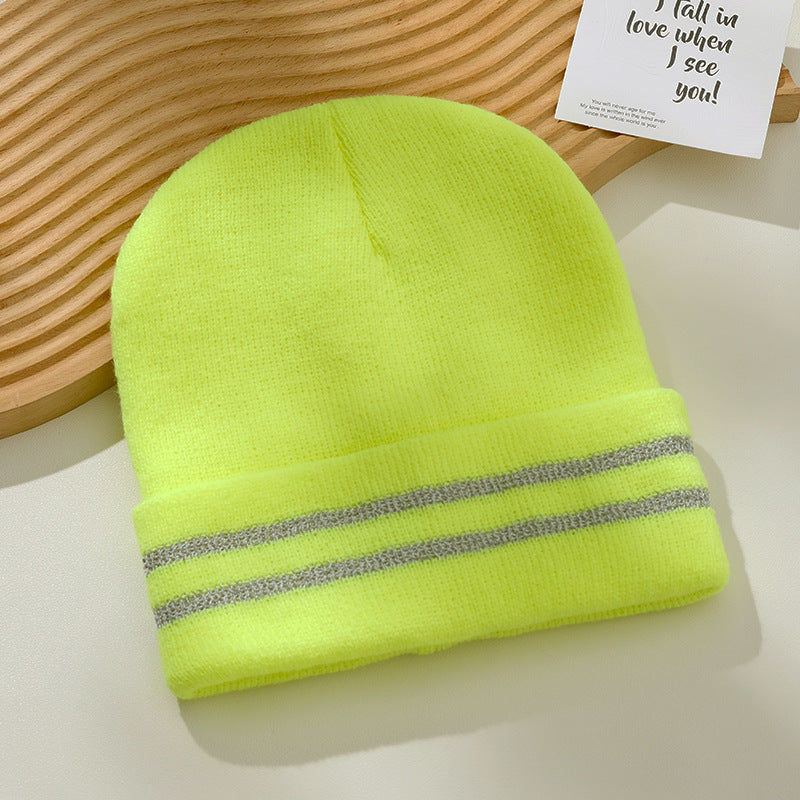 Reflective Double Stripes Unisex Adult Knit Cuffed Beanie Hat