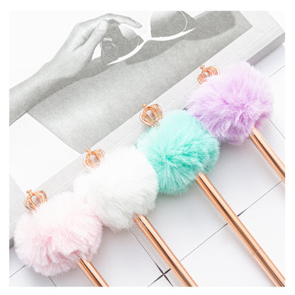 Pompom Cute Fluffy Ballpoint Pen with Crown Tops