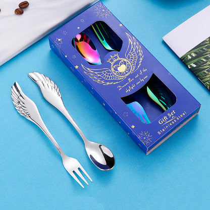 Set of 2 Golden Angel Wing Spoon Fork Flatware Set Tableware Pink Gift Box