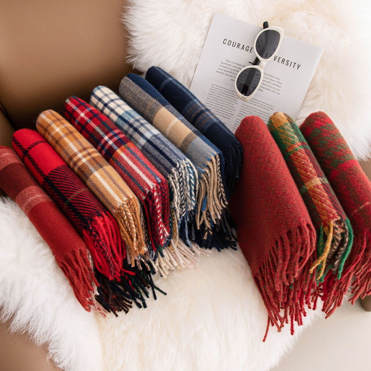 79'' Polyester Tartan Scarf Warm Autumn Winter Scarf Fringed Scarf - Woven Label