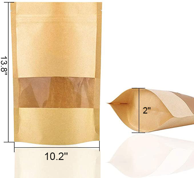 10.2 x 13.8" Kraft Bag with Window Stand Up Ziplock Seal Paper Bag Resealable Food Storage Pouch