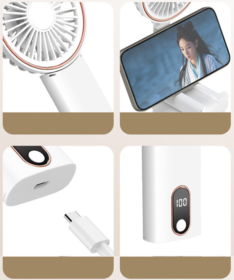 Mini Foldable Handheld Fan Portable Rechargeable Fan Phone Stand With Lanyard & Battery Display