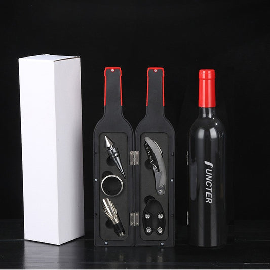 Glossy Wine Bottle Shaped Red Neck Corkscrew Set (White Box) -5 Piece