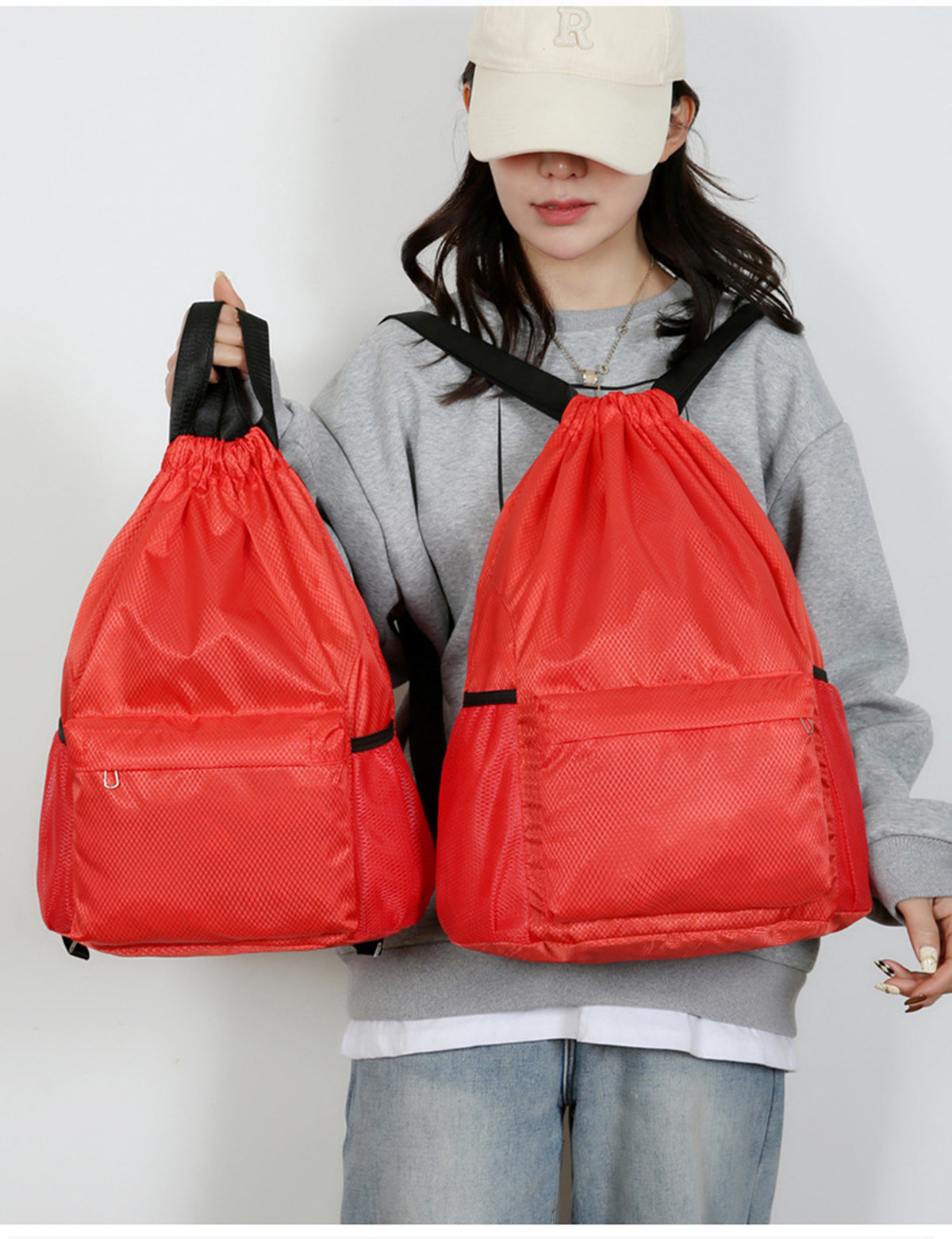 19 x 13.8" Drawstring Backpack, Waterproof Sports Gym Bag with Side Pocket